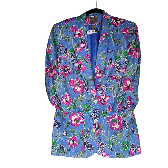 Vintage Blazer Womens Size 2 Blue Floral Linen Pockets Lined Shoulder Pads - Picture 2 of 8